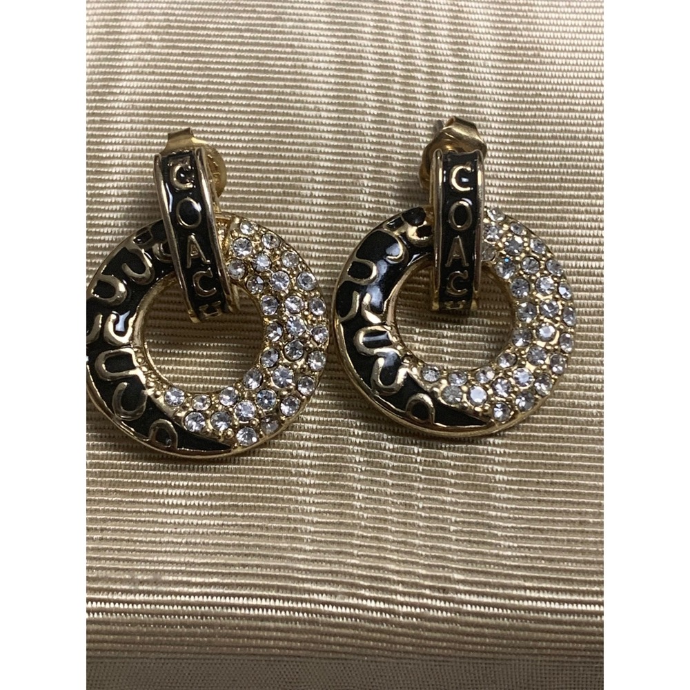Coach Gold Tone Black Enamel Pave Crystal‎ Signature Logo Hoop Drop Earrings